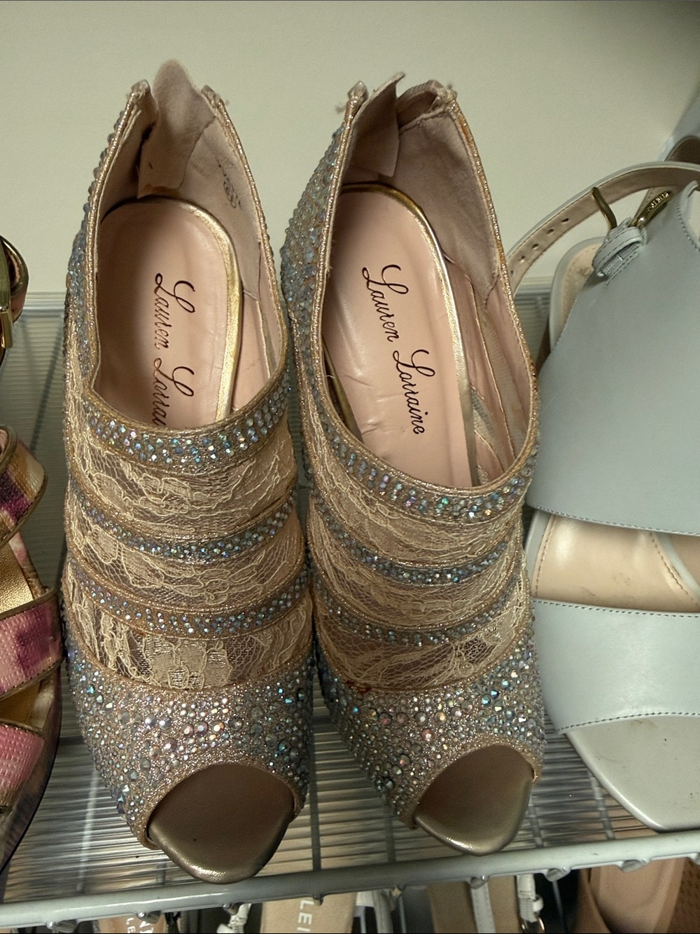 Lauren Lorraine Champagne Lace & Crystal Peep-Toe Booties